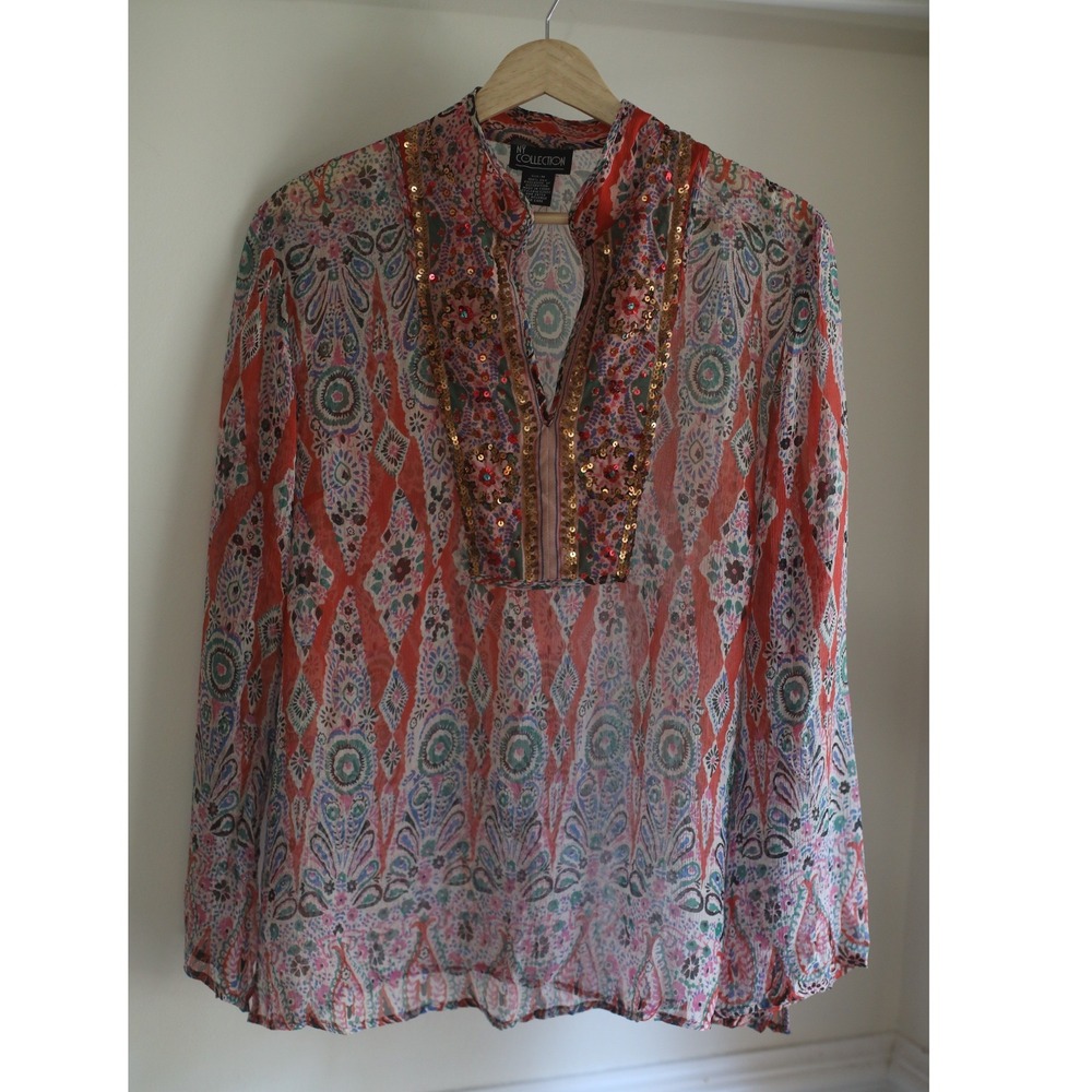 NY Collection Women Orange Paisley Silk Sequin Embroidered Sheer Blouse Size M